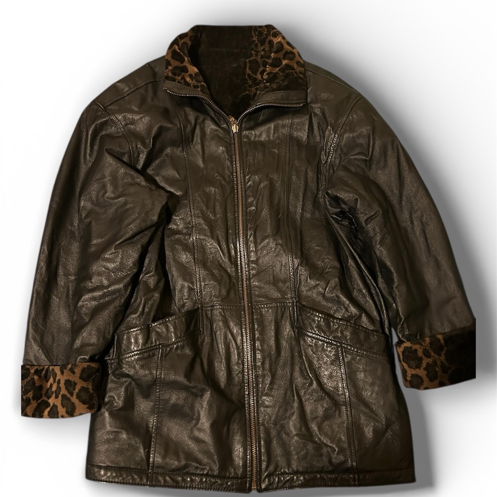 Men's Leather Jacket with Leopard Print Accents